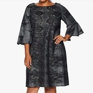 Gabby Skye Black Texture Lace Round Neck Knee Length Dress 1/2 Bell Sleeves 14